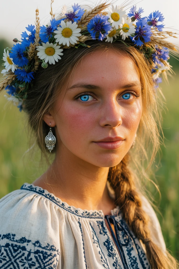 close-up portrait of a young woman with striking bright blue eyes, wearing a vibrant floral crown of white daisies and blue cornflowers mixed with dried wheat, light brown hair in a loose side braid with backlit stray strands, traditional off-white linen blouse with intricate dark blue embroidery, dangling silver filigree earring, sun-kissed skin with rosy cheeks and fine texture, warm golden hour lighting casting soft rim light, shallow depth of field, blurred green meadow background, photorealistic portrait photography, hyper-detailed textures
