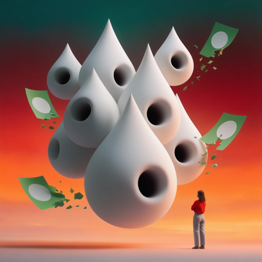 A surreal 3D illustration featuring a towering cluster of massive, smooth white teardrop shapes hovering in mid-air, each punctuated by a deep, dark circular hollow. Orbiting these imposing forms are fragmented green rectangular papers with white circular centers, their edges tearing into tiny flying green shards. In the lower right corner, a miniature woman with brown hair stands facing the giant shapes with crossed arms, wearing a bright red long-sleeve shirt and light grey trousers. The scene is set against a vibrant, smooth gradient background transitioning from dark teal and crimson at the top to a luminous sunset-orange and soft peach at the base. Soft, volumetric shadows define the stark scale contrast between the tiny human figure and the towering abstract geometry.