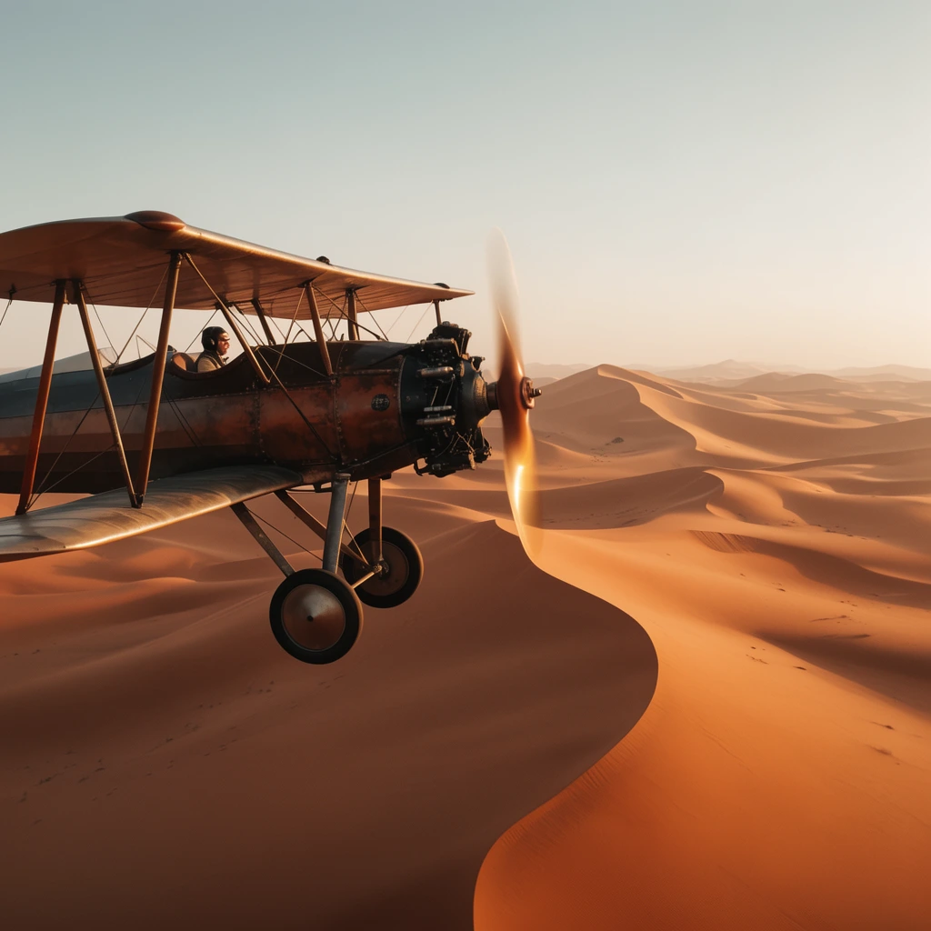 vintage biplane flying low over vast desert sand dunes, open cockpit with pilot, spinning propeller, positioned left, smooth sweeping sand curves below, clear pale sky, golden hour lighting, cinematic wide shot, warm orange and brown color palette