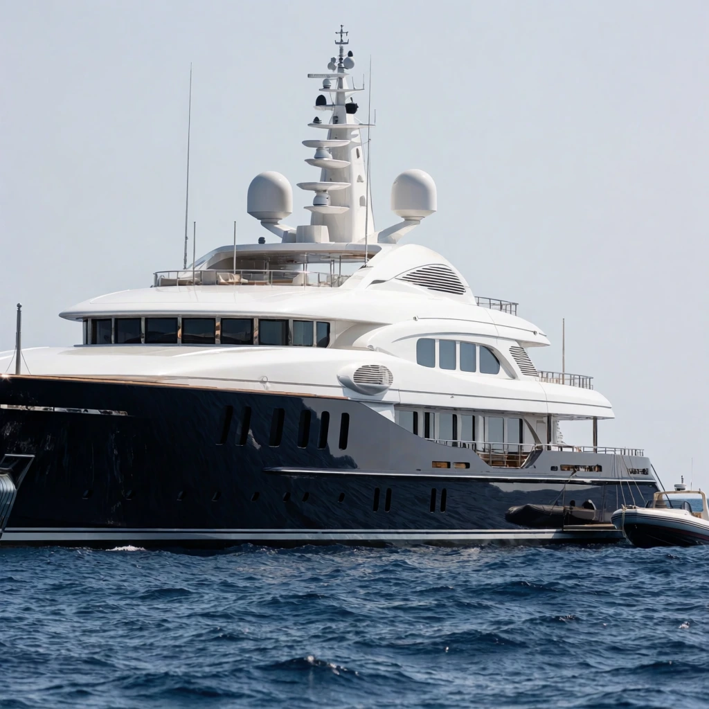 massive luxury superyacht on choppy blue ocean water, dark navy blue hull, bright white multi-deck superstructure, tinted panoramic windows, spherical radar domes on top mast, small tender boat tied at the stern, pale clear sky, bright natural daylight, side profile view, realistic maritime photography, high contrast