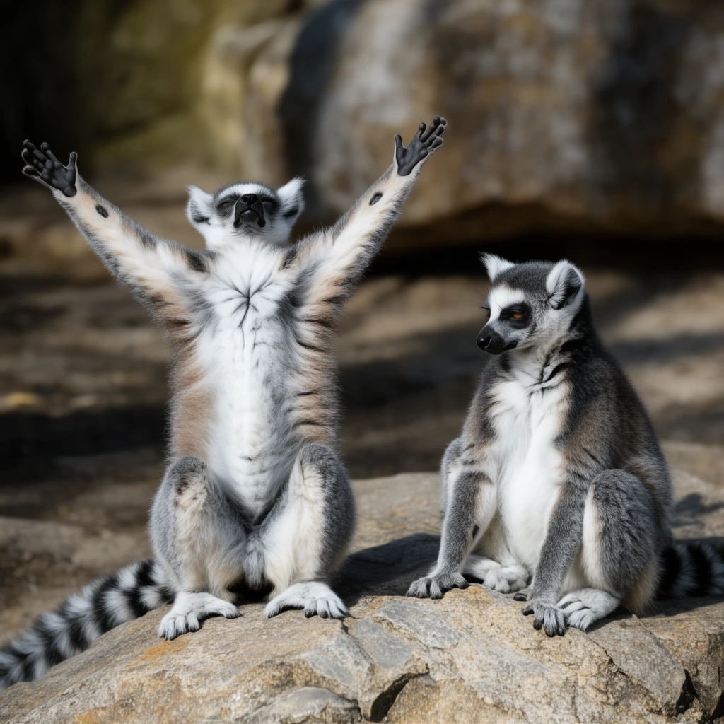 two ring-tailed lemurs on a sunlit rock, left lemur with arms raised high dramatically, right lemur observing calmly, grey and white fur, striped tail, blurred rocky background, shallow depth of field, sharp wildlife photography