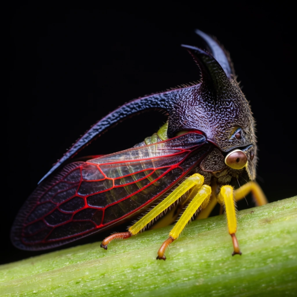 extreme macro photography of a treehopper insect resting on a green plant stem, dark textured head with towering swept-back horn appendages, translucent dark wings with intricate bright red veining, vibrant yellow legs, solid black background, sharp focus, high contrast