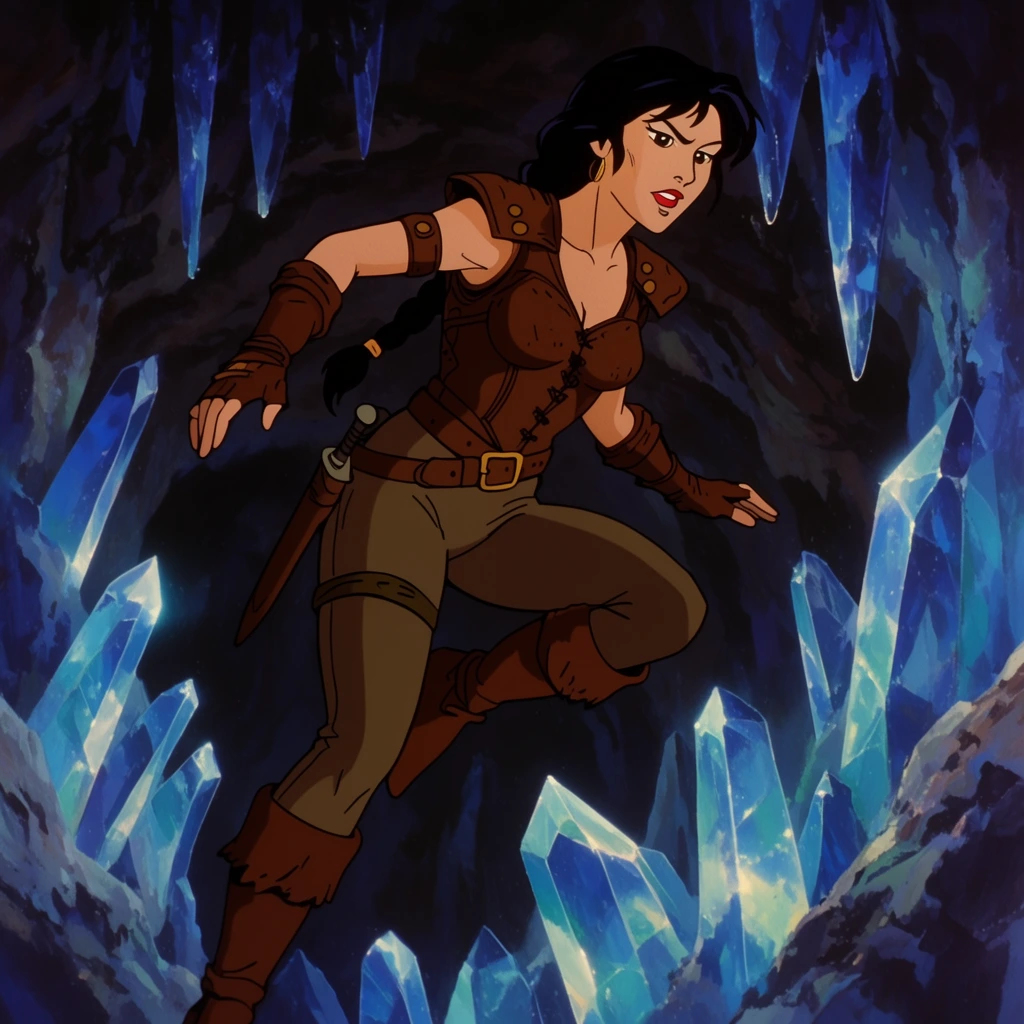 Lean female rogue in leather armor, dark braided hair, leaping between glowing blue crystal stalactites, underground cavern, vintage 80s 2D animation
