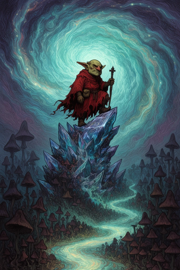 A stout goblin in tattered crimson robes stands on a jagged crystalline spire against a massive swirling turquoise nebula. A glowing winding path leads through a gothic mushroom forest, rendered in intricate coiled linework.