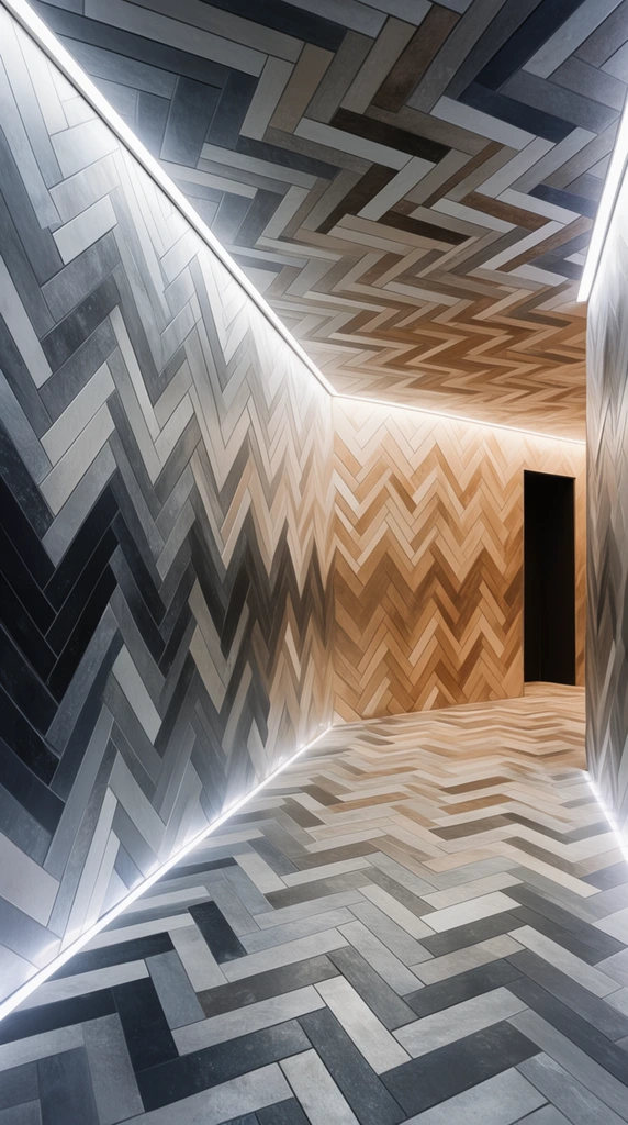 An angular interior hallway features a continuous, dynamic chevron pattern constructed from interlocking rectangular tiles spanning the walls, floor, and ceiling. The geometric surfaces transition from cool charcoal, slate grey, and silver tones in the foreground to warm beige, tan, and bronze hues deeper within the corridor. Linear strips of bright lighting are concealed along the architectural seams where the walls meet the ceiling and floor, highlighting the sharp zigzagging lines. The converging perspective draws the eye toward a dark rectangular doorway in the warm-toned background. The architectural photography emphasizes sharp focus, high contrast, and a precise spatial composition.