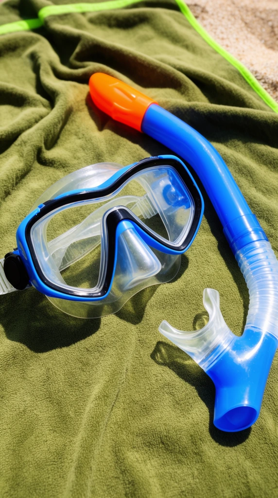 A vibrant blue and black snorkeling mask and a matching snorkel rest on a crumpled olive green towel under bright sunlight. The mask features a black inner rim, bright blue frame, and a transparent silicone skirt with an adjustable strap. Beside it lies a blue snorkel tube accented by a bright orange tip and a clear silicone mouthpiece. The gear lies diagonally across the deeply shadowed, textured folds of the towel, bordered by a neon green trim. A small patch of dry sand appears in the upper right corner. The high-angle close-up highlights the glossy plastics contrasting sharply against the matte fabric.