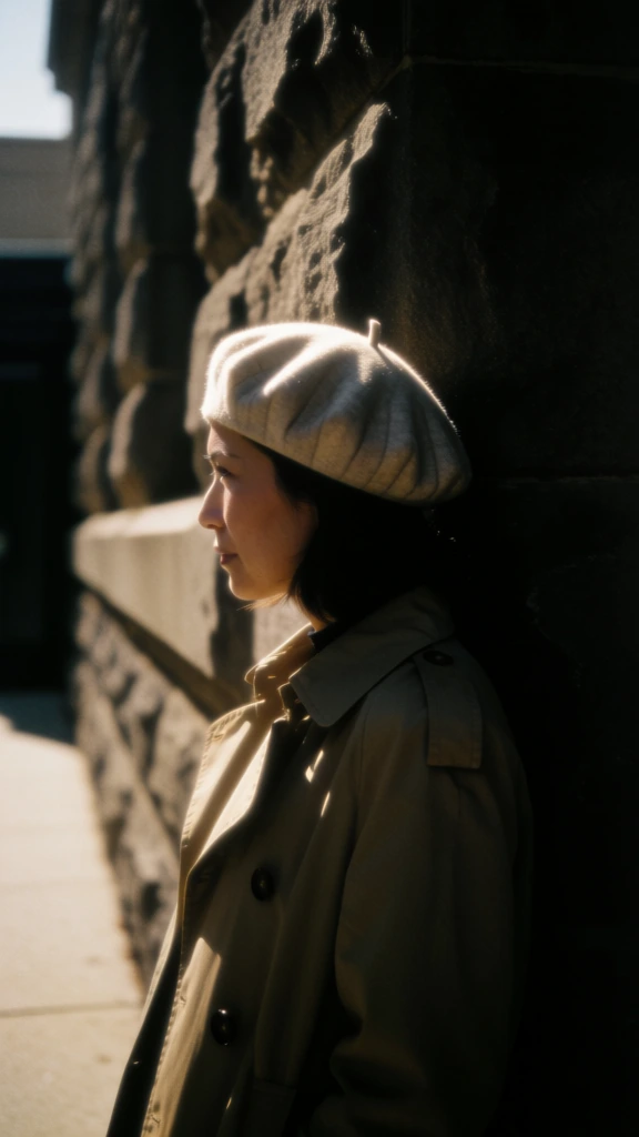 A woman in profile wearing a light-colored beret and a tan trench coat leans against a dark, textured stone wall in a dramatic display of light and shadow. The woman faces the left side of the frame, her expression neutral as she stands partially obscured by the deep shadows cast along the side of a building. Her beret is thick and textured with several visible ridges, and its top surface catches a bright, warm light that also illuminates her forehead and cheek. The trench coat features a wide collar and dark circular buttons, with its khaki fabric falling into shadow toward the bottom of the frame. The background consists of large, rough-hewn blocks of stone that form a wall receding into a soft-focus distance on the left. A small sliver of a light-colored sidewalk is visible at the bottom left corner, leading toward a dark structure in the background. The lighting is harsh and directional, creating a high-contrast effect where the right side of the subject and the wall behind her are plunged into near-total darkness, while the left side and top of her head are brightly lit. The color palette is composed of muted earth tones, primarily beige, brown, and black, with a grainy, soft-focus quality that gives the image a vintage or cinematic appearance.