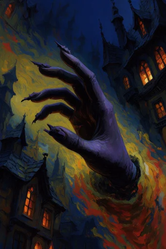 Nocturnal Storybook Surrealism style reference image — dramatic twilight sky
