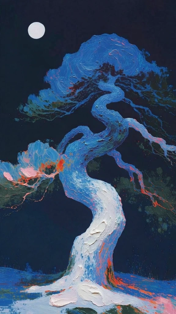 a solitary tree with winding gnarled branches standing on uneven textured snow, heavy impasto digital painting style, thick visible brushstrokes, swirling tactile textures, palette of deep midnight blue and crisp white, vibrant cerulean blue highlights, subtle accents of coral and soft pink, minimalist round white moon in the upper corner, flat dark night sky, expressive modern fine art aesthetic, moody atmospheric lighting, high contrast composition, painterly detail.