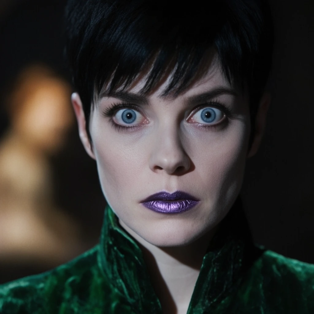 Cinematic close-up portrait of a pale woman with a short black pixie cut and wide, intense blue eyes staring forward. She wears metallic purple lipstick and an emerald green high-collared velvet jacket. Dramatic shadows emphasize her unblinking expression. The completely out-of-focus background is dark with a soft, blurred amber shape on the left. Shallow depth of field.