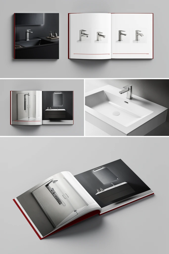multi-panel catalog mockup on gray background, closed brochure with dark bathroom, open pages displaying silver faucets, open spread featuring glass shower and dark vanity, close-up angled view of modern white sink, wide cover spread of sleek shower room, structured layouts with red accent lines, minimalist aesthetic, soft studio shadows, photorealistic 3D rendering