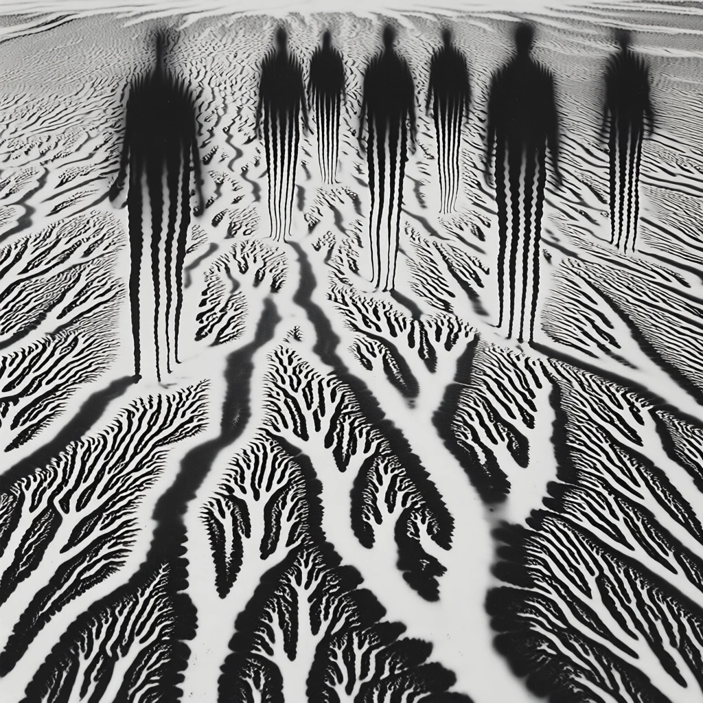 high-contrast monochrome minimalist composition, seven indistinct elongated dark figures walking across a vast snow-covered field, figures rendered as thin vertical ink-like strokes, snow surface featuring intricate dendritic patterns and fractal-like crystalline textures, stark graphic aesthetic, organic branching shadows stretching across the white landscape, sharp verticality, ethereal and haunting atmosphere, macro photography detail with deep blacks and pure whites, visceral organic texture
