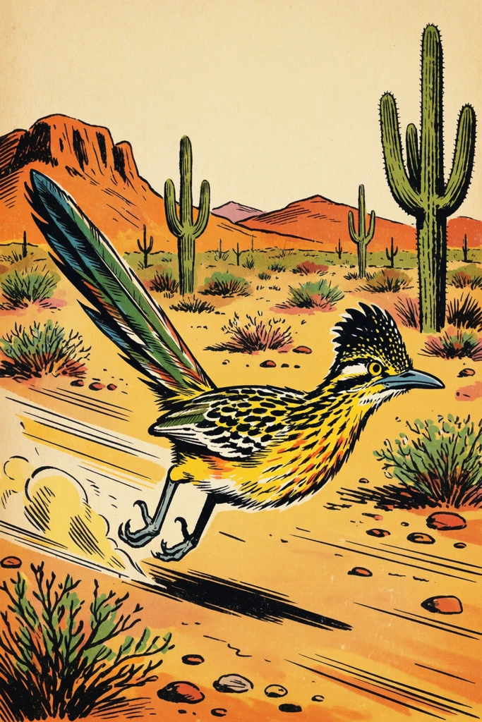 Retro comic style illustration of a vibrant running roadrunner, yellow and green plumage, long tail feathers, sprinting mid-stride with action lines, dry desert landscape, tall saguaro cacti, orange rocky hills, scattered shrubs and pebbles, heavy black ink hatching, flat warm colors, vintage print texture, dynamic movement, wide framing