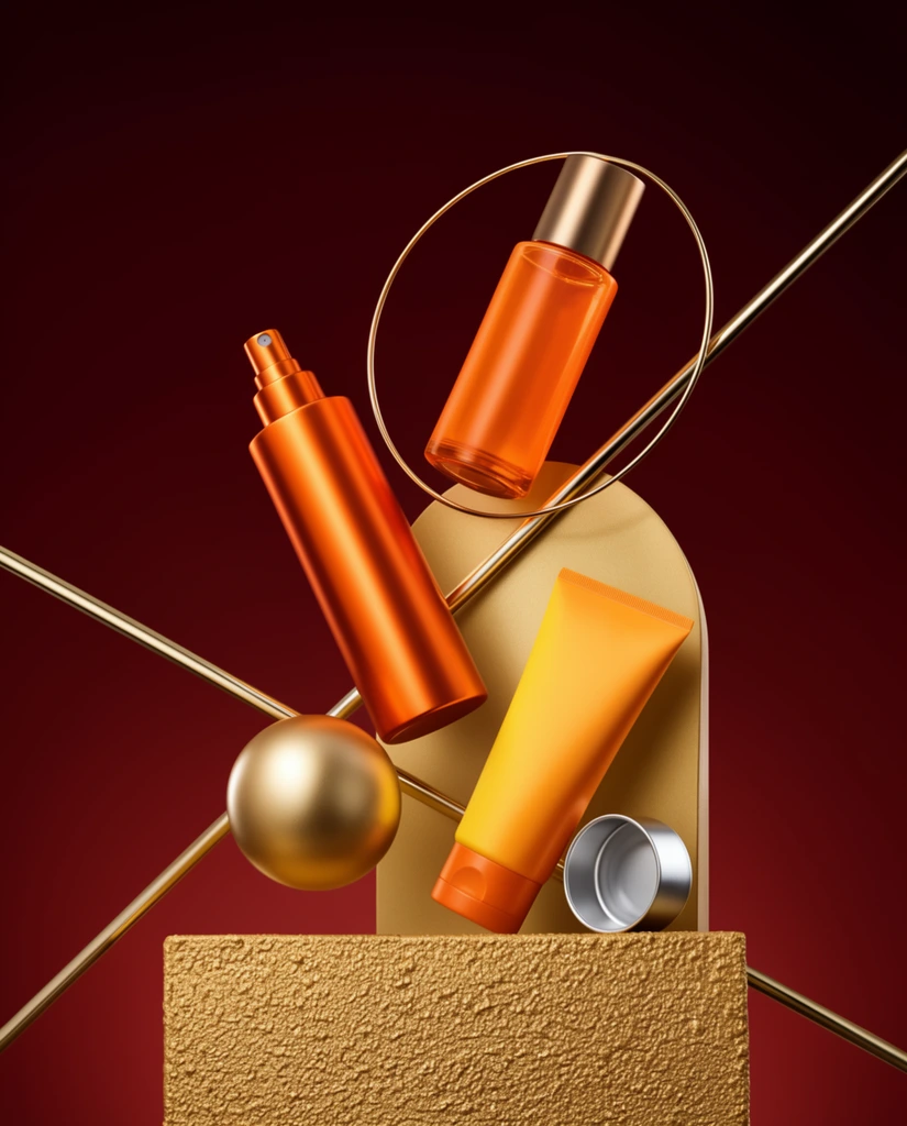 A dynamic, gravity-defying studio still life featuring vibrant orange and gold cosmetic containers arranged around a textured geometric plinth against a deep burgundy background. A tall metallic orange spray bottle floats diagonally alongside a hovering smooth gold sphere. Above, a translucent orange bottle with a metallic cap suspends vertically within a thin wire hoop. A yellow-orange squeeze tube leans against the matte gold base next to a small, open silver cylinder. Intersecting polished gold rods cut diagonally through the air, adding sharp linear elements to the composition. The arrangement rests on a rough, golden stucco-like block featuring a rectangular front and an arched back. Executed in a high-end commercial product photography style, soft directional lighting creates rich specular highlights on the metallic surfaces, emphasizing the warm, luxurious monochromatic palette against the dark backdrop.