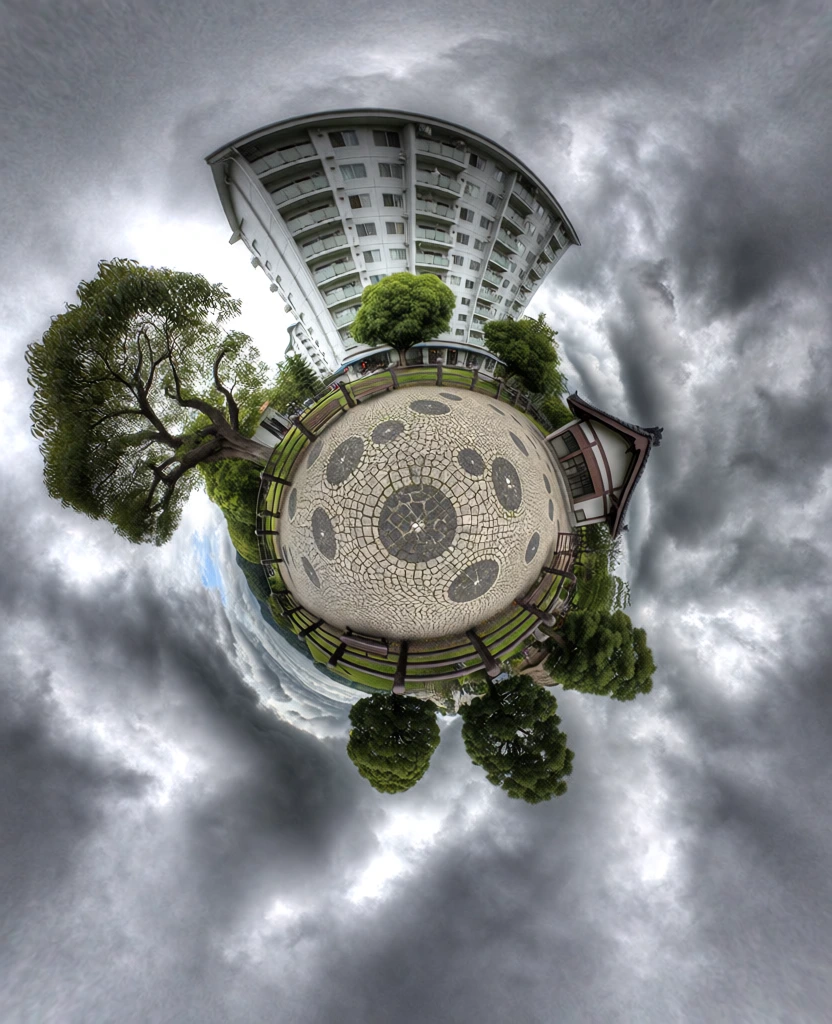 A 360-degree stereographic projection creates a "tiny planet" effect, featuring a central park area surrounded by a tall white building, lush trees, and a dramatic cloudy sky. The center of the circular composition consists of a textured, light-grey stone ground with a pattern of smaller, darker circular stones embedded in the surface. Radiating outward from the top of this central sphere is a tall, multi-story white apartment building with numerous windows and balconies. To the left, a large, leafy green tree with thick branches extends toward the edge of the frame. The perimeter of the central circle is lined with a dark wooden fence, park benches, and several smaller green trees. On the right side of the circle, a smaller building with a traditional peaked brown roof is visible. The entire circular landscape is set against a background of heavy, swirling grey and white clouds that fill the remainder of the vertical frame. This photographic style uses an extreme wide-angle perspective to warp the environment into a sphere, with architectural and natural elements pointing outward from the center. High Dynamic Range processing emphasizes the detailed textures of the cracked stone ground and the turbulent cloud formations, while the color palette is dominated by muted greys, whites, and deep greens under a diffused, overcast light.