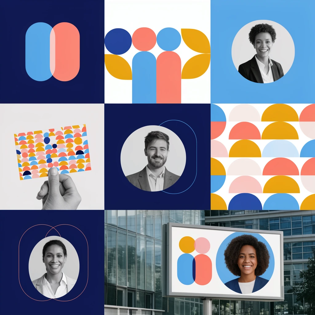 composite brand presentation collage, flat geometric graphic design, palette of navy blue, sky blue, coral pink, mustard yellow, white, grid of rectangular panels, overlapping abstract pill shapes, repeating colorful semicircles and circles, greyscale hand holding a patterned rectangular card, circular portrait cutouts of smiling diverse professionals intermixed with solid and thin outlined geometric forms, outdoor billboard mockup against a modern glass building displaying a smiling woman inside a large circular frame