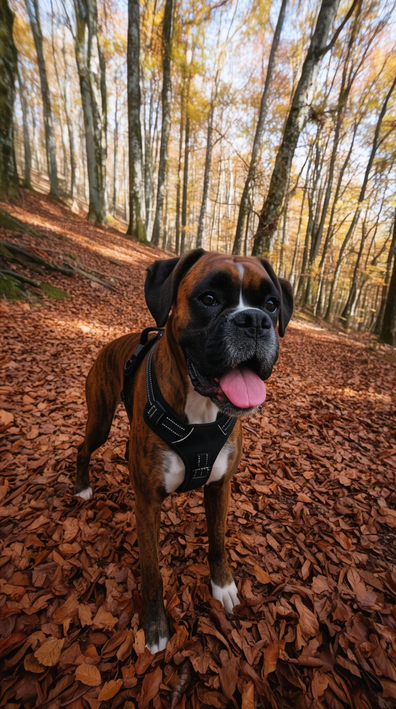 brindle boxer dog wearing a black harness, standing on a thick layer of brown fallen leaves, tongue out, sloping autumn forest terrain, dappled sunlight, wide angle photography