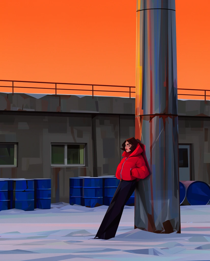 woman in red puffy jacket leaning on massive metallic pillar, snowy ground, blue barrels, low concrete building, vibrant orange sunset, stylized 2D illustration, geometric shapes, wide composition, atmospheric graphic art