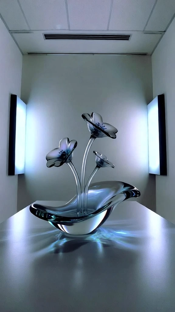 minimalist clinical white room, symmetrical central focus, a glass sculpture of three flowers growing from a fluid wave-like base resting on a flat surface, dramatic side lighting from glowing side-mounted panels, ethereal glows and soft shadows, cool desaturated color palette of icy blues and stark whites, sharp focus on polished translucent glass textures, futuristic sleek aesthetic, clean architectural lines, professional gallery documentation style, wide-angle lens perspective.