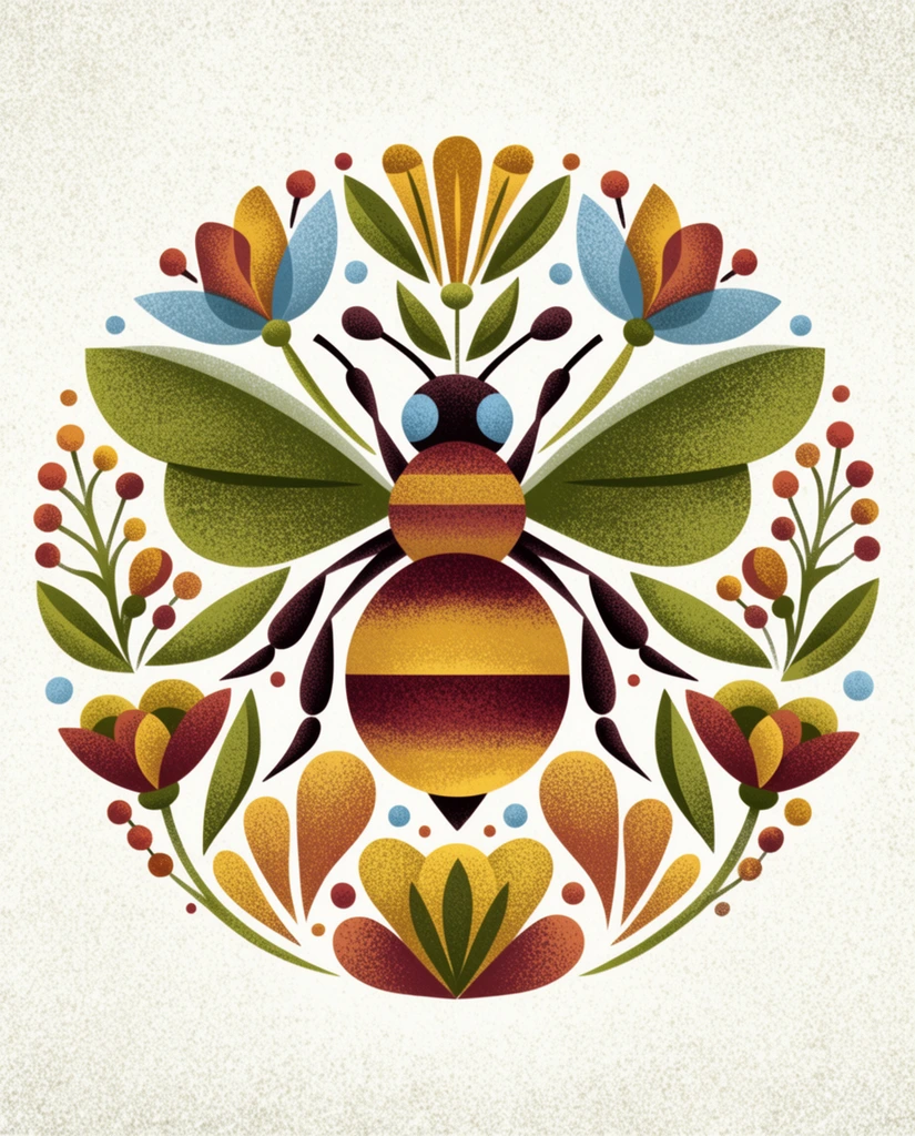 A symmetrical folk art illustration of a stylized bee framed within a perfect circle of botanical elements. The central insect features a rounded abdomen with horizontal maroon and warm yellow gradients, blue eyes, and wings shaped like textured green leaves. Flanking the bee is an intricate, mirrored arrangement of stylized flowers, blooming buds, teardrop petals, and small berry clusters. The artwork uses an earthy palette of olive green, terracotta, mustard yellow, and soft blue. The composition is rendered with a heavy stippled grain texture over clean geometric shapes, evoking a vintage screen-printed aesthetic against a textured, off-white background.