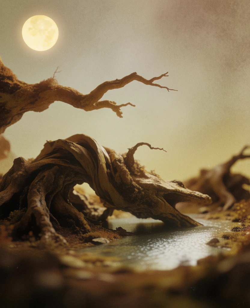 cinematic macro perspective, heavy 35mm film grain, warm sepia and desaturated earthy tones, vintage analog aesthetic, soft natural lighting, a glowing moon hanging low in a hazy sky, a gnarled tree branch in the foreground, a monumental twisted organic shape hovering over reflective water, rolling hills in the distance, nostalgic high-contrast film scan quality, soft focus edges, tactile organic texture, immersive dreamlike atmosphere