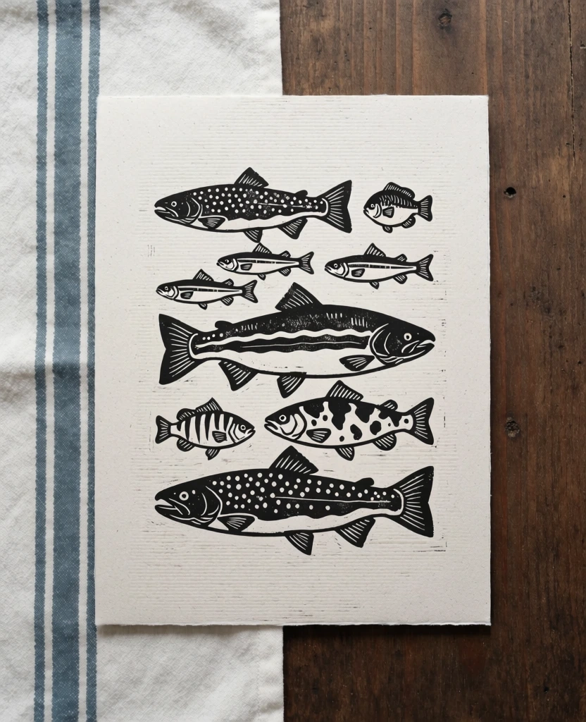 A black and white relief print on a vertical white sheet of paper depicts eight stylized fish of varying species and sizes, arranged in a stack against a wooden and fabric background. The print features eight distinct fish silhouettes rendered in bold black ink. At the top, a large trout-like fish swims to the left, covered in white circular spots on its dark upper body. Below it on the left are two small, slender fish swimming left, while a small, rounder fish swims to the right. In the center, a large salmon-like fish with prominent horizontal stripes along its flank swims toward the right with a hooked jaw. Below that, on the left, a medium-sized fish with dark, irregular blotches swims right, while to its right, a small, deep-bodied fish with vertical bars swims left. At the bottom, a final large trout-like fish swims to the left, featuring dense spotting on its back and a lighter underside. The paper has a subtle horizontal grain texture and sits on a dark brown wooden surface with a visible vertical grain. To the left of the paper, a white fabric with two vertical, muted blue stripes runs the length of the frame. This top-down flat-lay photograph captures the high-contrast graphic style of the linocut print, which uses bold lines and negative space to define the forms of the fish. The lighting is soft and even, casting faint shadows along the edges of the paper where it meets the textured wood.