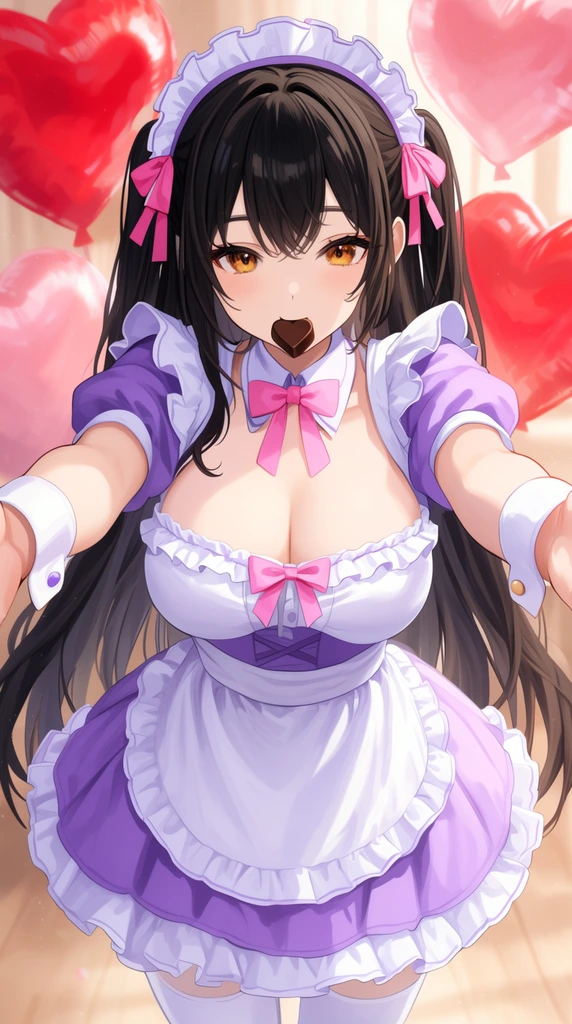 An anime woman in a ruffled purple and white maid outfit reaches forward with both arms. She features dark hair, pink ribbons, amber eyes, and a heart chocolate in her mouth. Floating red and pink heart balloons fill the softly lit background.