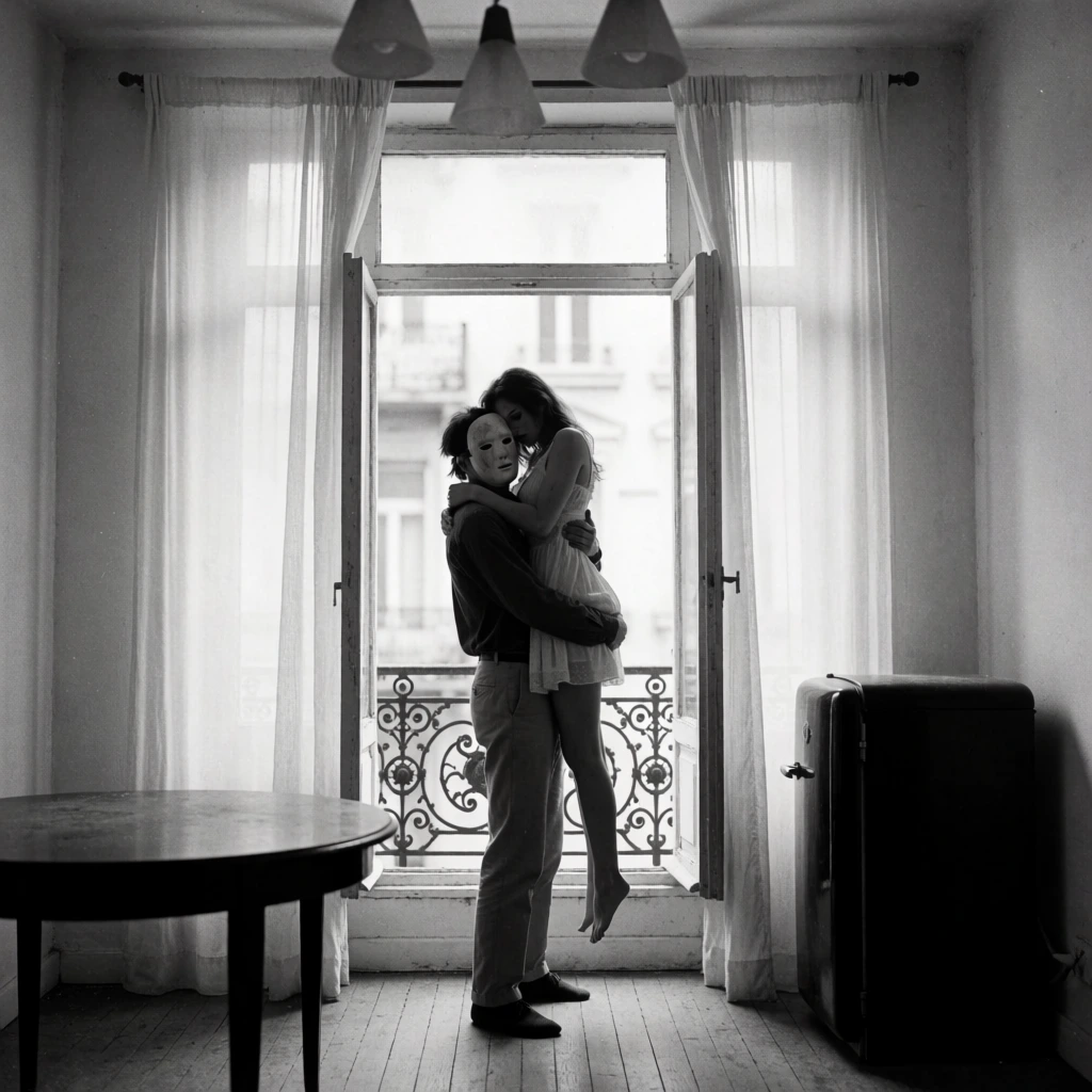 A man wearing a pale, expressionless mask with dark hair lifts a woman in front of a large, bright window within a sparsely furnished room. The man is dressed in a dark, long-sleeved shirt and light-colored trousers, standing centrally in the frame of an open window. He holds the woman by her waist; she wears a short, light-colored, sleeveless dress and has her arms wrapped around his neck, her face pressed into his shoulder. Her bare feet dangle above the wooden plank floor. The room's foreground contains a round, dark table on the left and a dark, rounded appliance, resembling a vintage refrigerator, on the right. Large, sheer white curtains hang on either side of the tall window, which opens onto a balcony with an intricate black wrought iron railing, with the blurred facade of another building visible in the background. Three cone-shaped pendant lights hang from the ceiling at the very top of the frame. The photograph is captured in a grainy, high-contrast black and white style, with the subjects appearing as dark silhouettes against the bright light streaming in from the window.