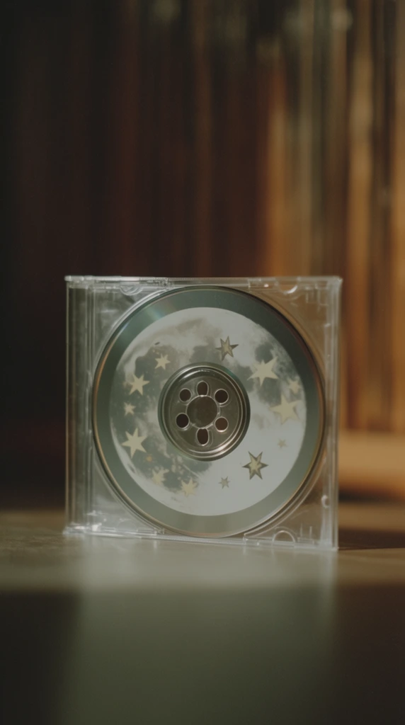 A clear plastic square jewel case holding a compact disc rests centrally on a smooth, flat horizontal surface. The compact disc enclosed within the transparent case features a central moon graphic surrounded by multiple star shapes of varying sizes, anchored by a center hub with four circular holes. The polished plastic of the case and the surface of the disc catch soft, diffused directional lighting, creating delicate, muted reflections and casting a subtle shadow on the surface directly beneath. The background is heavily out of focus, defined by blurred vertical linear textures in warm, earthy amber and deep brown hues. The macro composition utilizes a very shallow depth of field to sharply isolate the jewel case, reflecting an analog medium-format product photography aesthetic characterized by smooth tonal gradations, a moody cinematic color palette, and fine organic film grain.