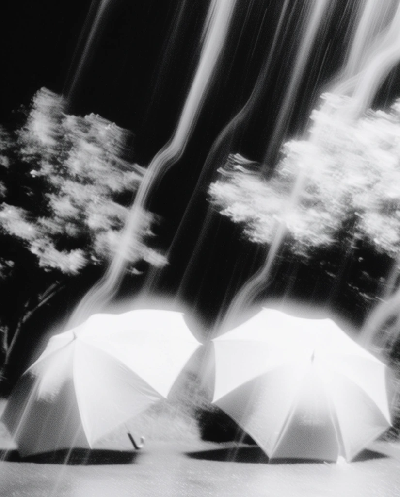 Two open umbrellas rest on a surface amidst falling rain, captured in a stark, high-contrast monochrome photographic style with dramatic long-exposure motion blur. The umbrellas are luminous, their bright white canopies glowing intensely with blown-out highlights against a solid, pitch-black environment. The falling rain translates into sweeping, ethereal streaks of thick white light, forming continuous, ghostly trails that slash heavily across the composition. Behind the umbrellas, the trees and bushes are severely blurred and abstracted into smeared white highlights and deep, crushing black shadows. Heavy motion blur softens all distinct structural edges, turning the entire scene into a dynamic wash of sweeping glowing whites and deep blacks, heavily textured by a pronounced, gritty film grain and an intensely dramatic, ethereal atmosphere.