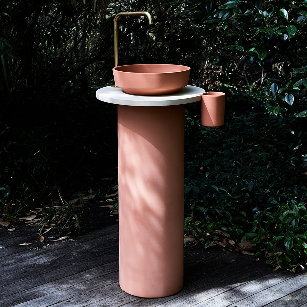 A minimalist terracotta outdoor washbasin stands on a weathered wooden boardwalk enveloped by dense, shadowed green foliage. The fixture features a tall, matte salmon-pink cylindrical base supporting a flat off-white circular counter and a shallow terracotta bowl. A slender L-shaped brass faucet extends over the basin, with a matching terracotta cup hanging from the right edge. Dappled sunlight casts sharp leaf shadows across the smooth, earthy surface of the cylinder. The deep, moody shadows of the overgrown garden provide a striking contrast to the geometric modern design, captured in a high-contrast architectural photography style.