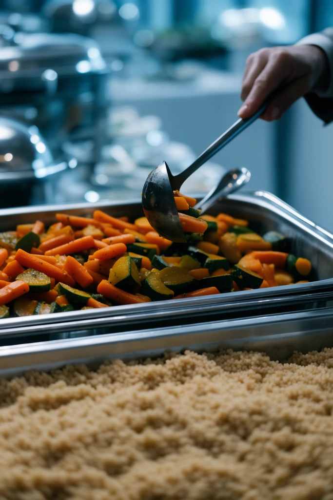 A cinematic close-up of a buffet with shallow depth of field. A blurred foreground tray is piled with tan couscous. In sharp focus behind it, a hand uses a metal ladle to scoop cooked carrots and green squash from a stainless steel chafing dish against a blurred, cool-toned background.