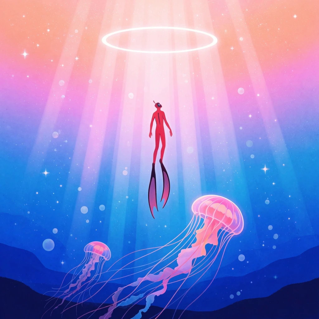 ethereal underwater scene, slender red diver swimming upward, long dark fins, radiant descending light beams, glowing white ring above, floating jellyfish with pink bells and long trailing tentacles, deep blue background transitioning to bright peach at the top, celestial atmosphere, scattered sparkling stars, distant silhouetted ridges, vibrant colors, smooth gradients