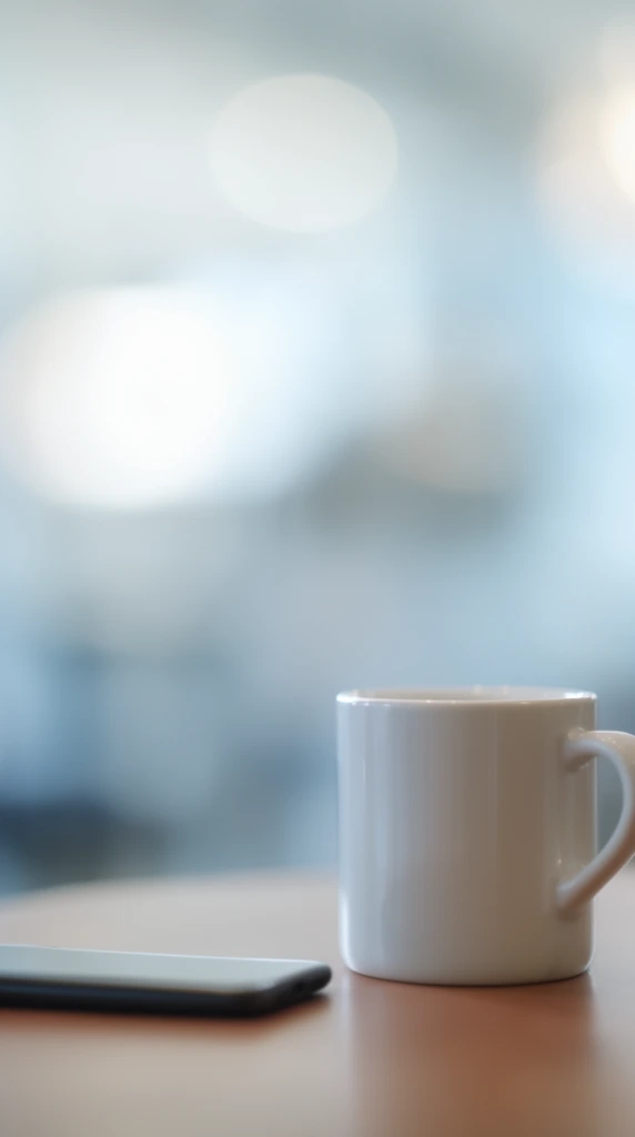 A white ceramic coffee mug and a slim dark smartphone rest on a smooth, warm-toned tabletop. Positioned on the right, the glossy cylindrical mug features a small curved handle. The dark rectangular profile of the phone lies flat to the left, slightly out of focus. The background dissolves into a soft, abstract wash of pale blue, white, and cool gray tones, dominated by large, luminous circular bokeh flares. Captured with an extremely shallow depth of field, the minimalist composition highlights the crisp edges of the mug while the surrounding environment melts into creamy, ethereal softness under gentle, diffused ambient lighting.