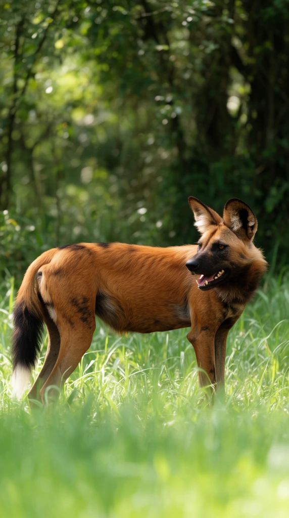 A copper-colored wild dog stands in tall grass, looking back over its shoulder with an open mouth. The animal features pointed ears, a dark snout, and a black-tipped tail. The wildlife photograph highlights dappled sunlight on rusty fur against a shallow depth of field blurring the vibrant green foreground and dense forest background.