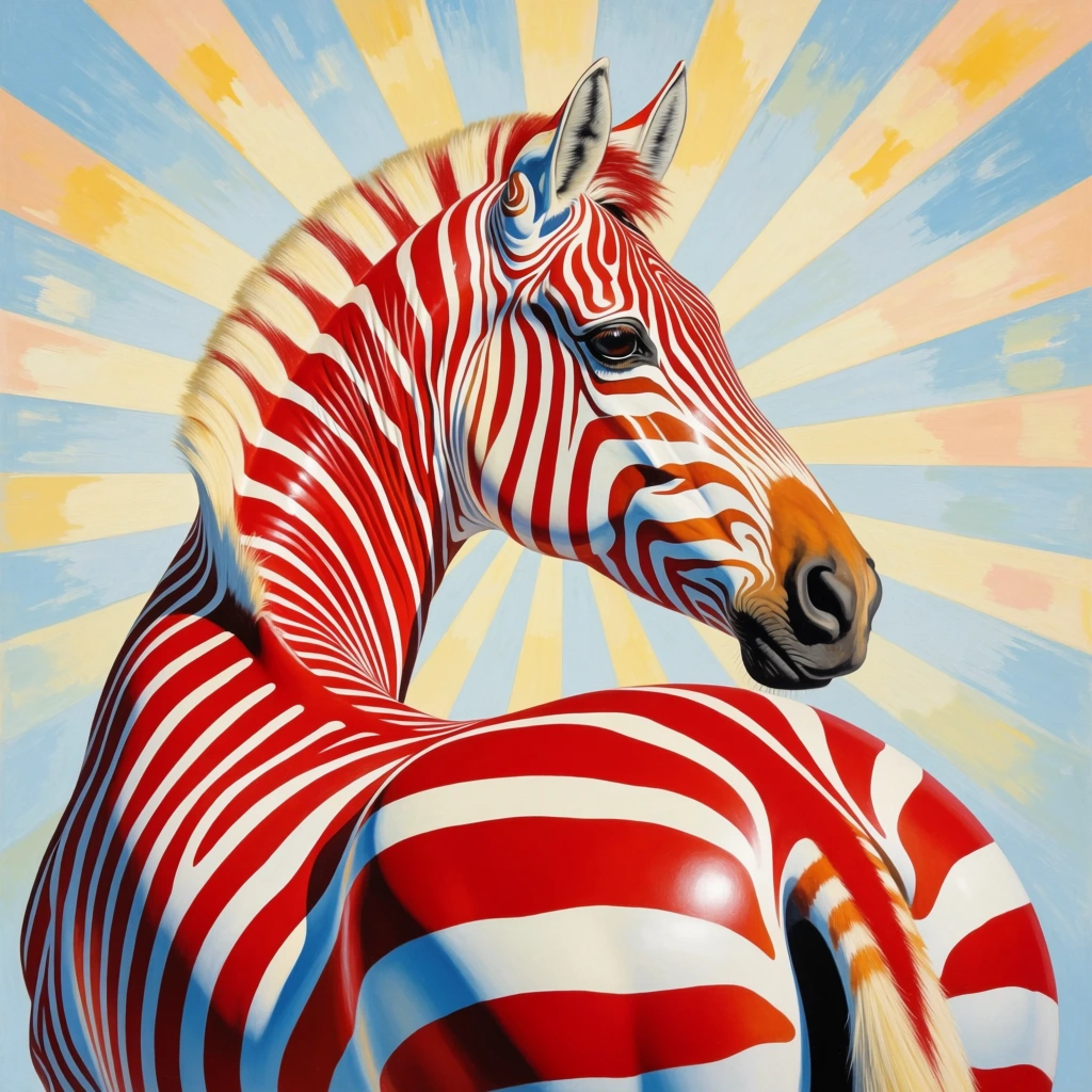 A surreal equine profile features vibrant red and white zebra-like stripes contouring its glossy form. Looking back over its shoulder, the creature displays intricate, swirling facial patterns, a dark eye, and a short blonde mane. Alternating pale blue and soft yellow sunburst rays radiate outward in the background with a painterly texture. The composition blends pop-art aesthetics with bold graphic illustration, utilizing high contrast and smooth, stylized shading.
