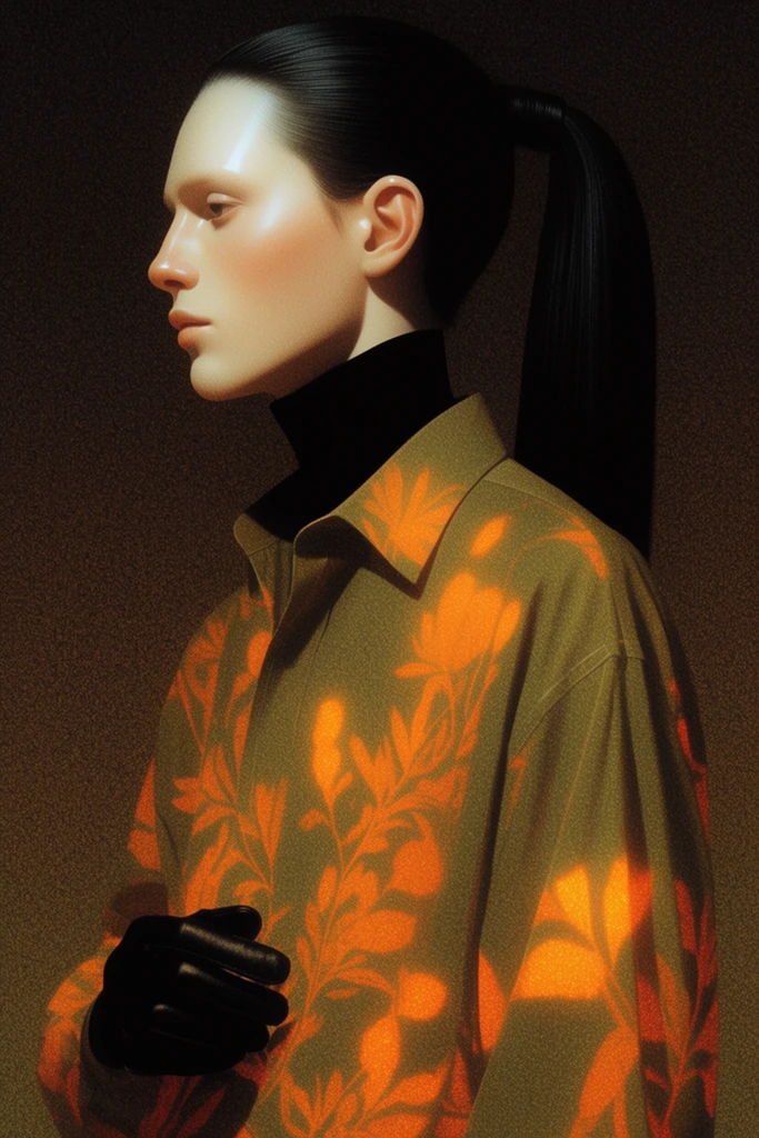 Profile portrait of an androgynous figure with luminous pale skin and a structured black ponytail, wearing an oversized olive collared shirt with bright orange botanical patterns over a black turtleneck, black gloved hand, dark brown and black heavily textured background, warm directional lighting illuminating the smooth face and casting glowing shapes on the fabric, heavy stippled film grain, digital painting, surreal fashion editorial aesthetic, sharp profile view, moody high contrast atmosphere