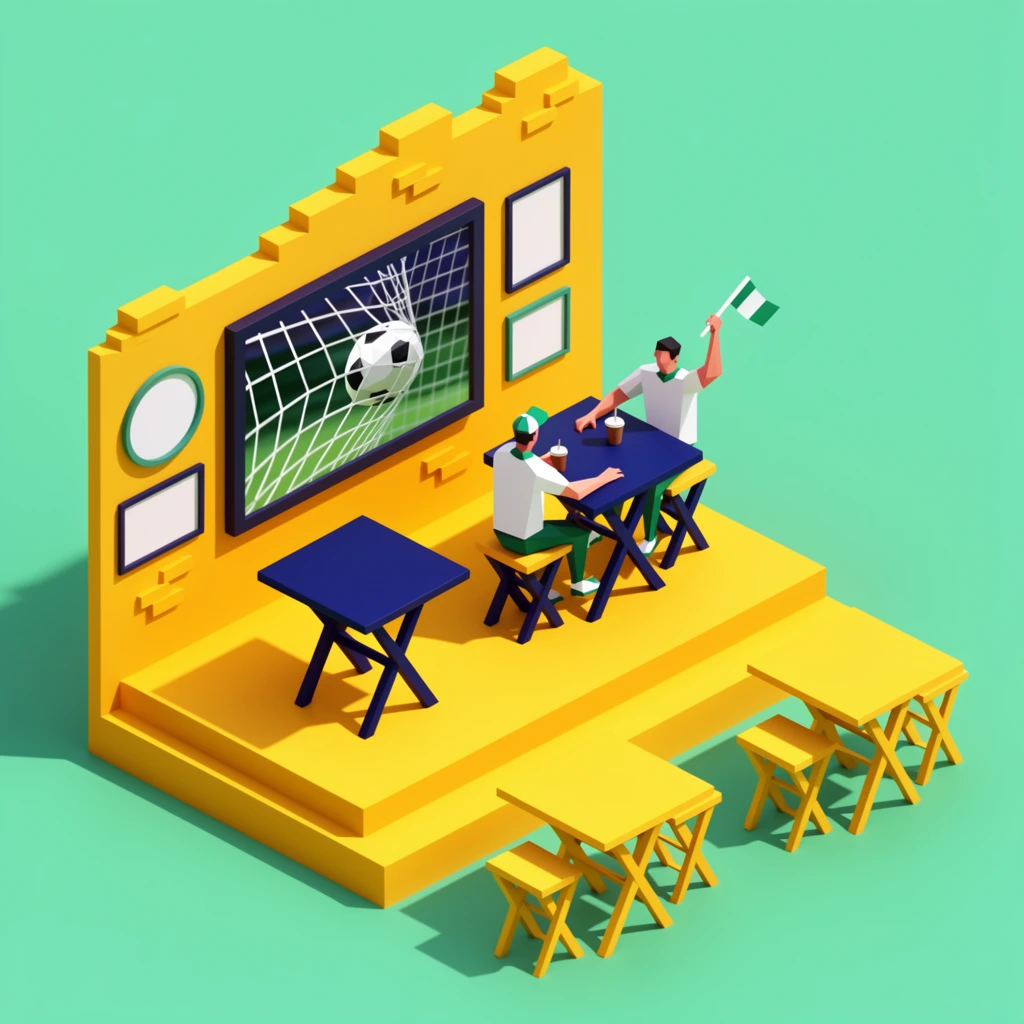 An isometric 3D low-poly diorama of a minimalist sports bar rests on a seamless mint-green background. A jagged-topped yellow brick wall anchors a tiered yellow platform. A large screen on the wall displays a geometric soccer ball entering a net. Two angular figures sit at a dark blue square table on cross-braced stools. One wears a green and white cap and holds a cup; the other raises a green and white flag. An empty dark blue table sits nearby on the platform, while two entirely yellow table sets rest outside on the green surface. Blank frames and a circular decoration adorn the wall. The digital rendering features crisp geometric shapes, flat vibrant shading, and sharp directional shadows cast toward the lower left.