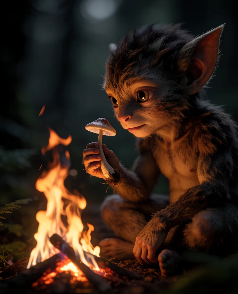 cinematic low-key close-up, furry humanoid creature with pointed ears holding a mushroom over a campfire, moody dark forest background with deep greens and charcoal blacks, shallow depth of field with soft bokeh, vibrant orange flames trailing upwards in wisps with glowing embers, warm chiaroscuro lighting illuminating soft fur textures and the mushroom, ethereal atmosphere, high contrast, rim lighting on the silhouette, organic tactile details, vertical composition, hyper-realistic