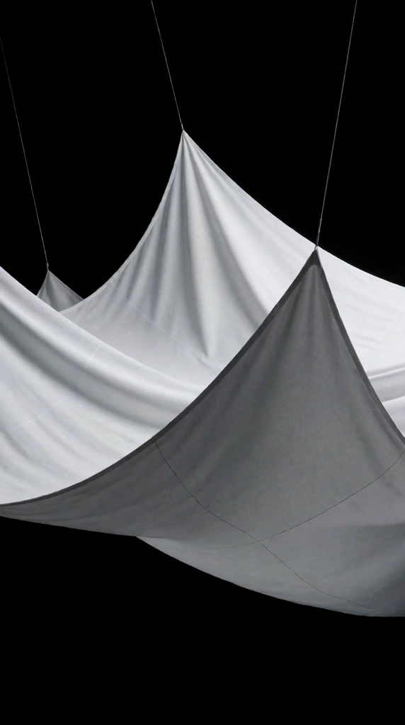 Large white fabric suspended by thin, taut wires against a pitch-black background, forming elegant swooping curves and sharp peaks. Faint grid-like seams cross the smooth, pale material. Soft directional lighting casts deep shadows within the folds, creating smooth gray gradients across the draped textile. The minimalist composition highlights the sculptural tension between the fluid cloth and rigid suspension lines.