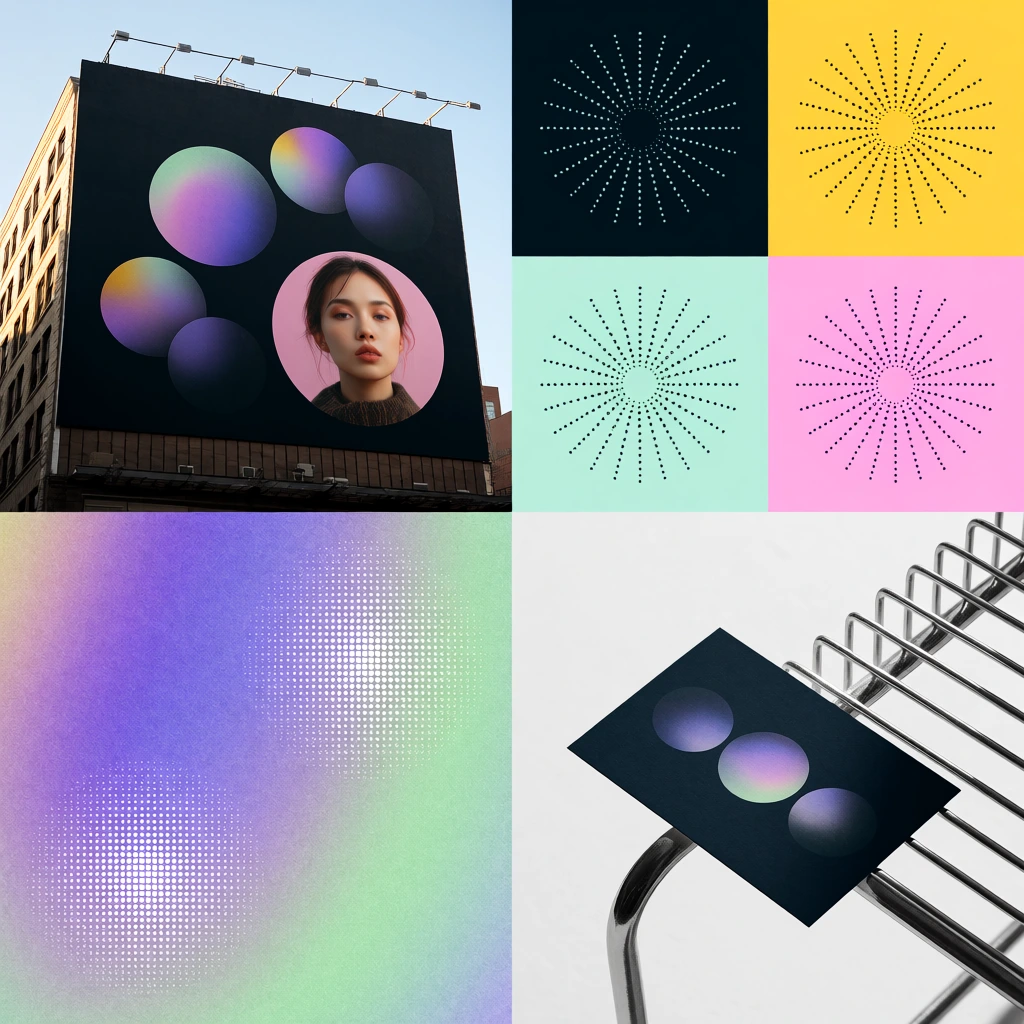 four-panel brand mockup collage, large building billboard displaying dark graphics with gradient spheres and a circular portrait, grid of mint navy yellow and pink squares containing dotted geometric bursts, grainy iridescent purple and green gradient texture with fading white halftone circles, dark rectangular card resting diagonally on a shiny metallic wire rack over a white background