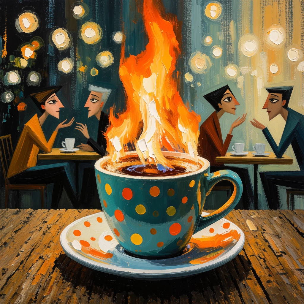 A teal coffee cup adorned with orange and yellow polka dots sits on a matching saucer on a textured wooden table, with bright flames erupting from its dark liquid. The roaring fire transitions from a white-hot base to vivid orange tips. Behind the flaming cup, a surreal cafe scene features stylized, angular figures with exaggerated eyes conversing at small tables. The background is rendered with streaky vertical brushstrokes and filled with floating, glowing spherical lights creating a warm bokeh effect. This painterly illustration combines thick impasto textures with graphic character designs, heavily contrasting the vivid fire against the cool tones of the dim, atmospheric environment.