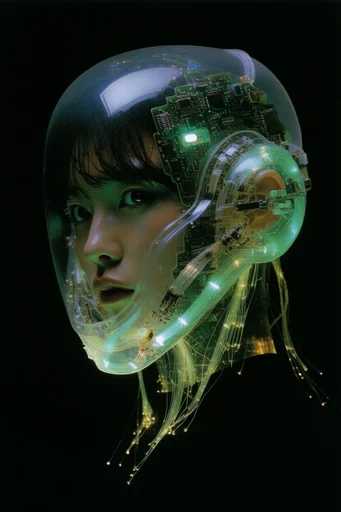 Translucent Bio-Cyber Assemblage style reference image — stark black background