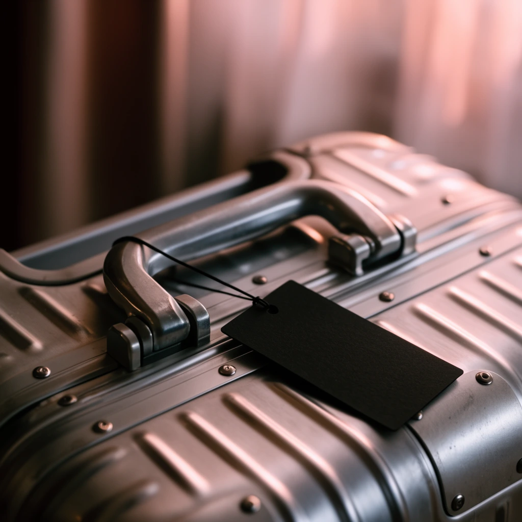 A close-up of a premium ribbed aluminum suitcase focuses on its heavy-duty metal handle and textured hard-shell surface. A solid matte black rectangular tag hangs from the handle by a thin string. The metallic exterior features parallel grooves and industrial rivets that catch soft specular highlights from warm, rose-gold ambient lighting. Set against a deeply blurred, softly lit interior with draped fabrics, the shallow depth of field creates an elegant, moody lifestyle photography aesthetic emphasizing tactile luxury.