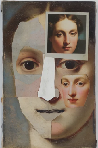 Fragmented Classical Assemblage style reference image — mixed-media assemblage