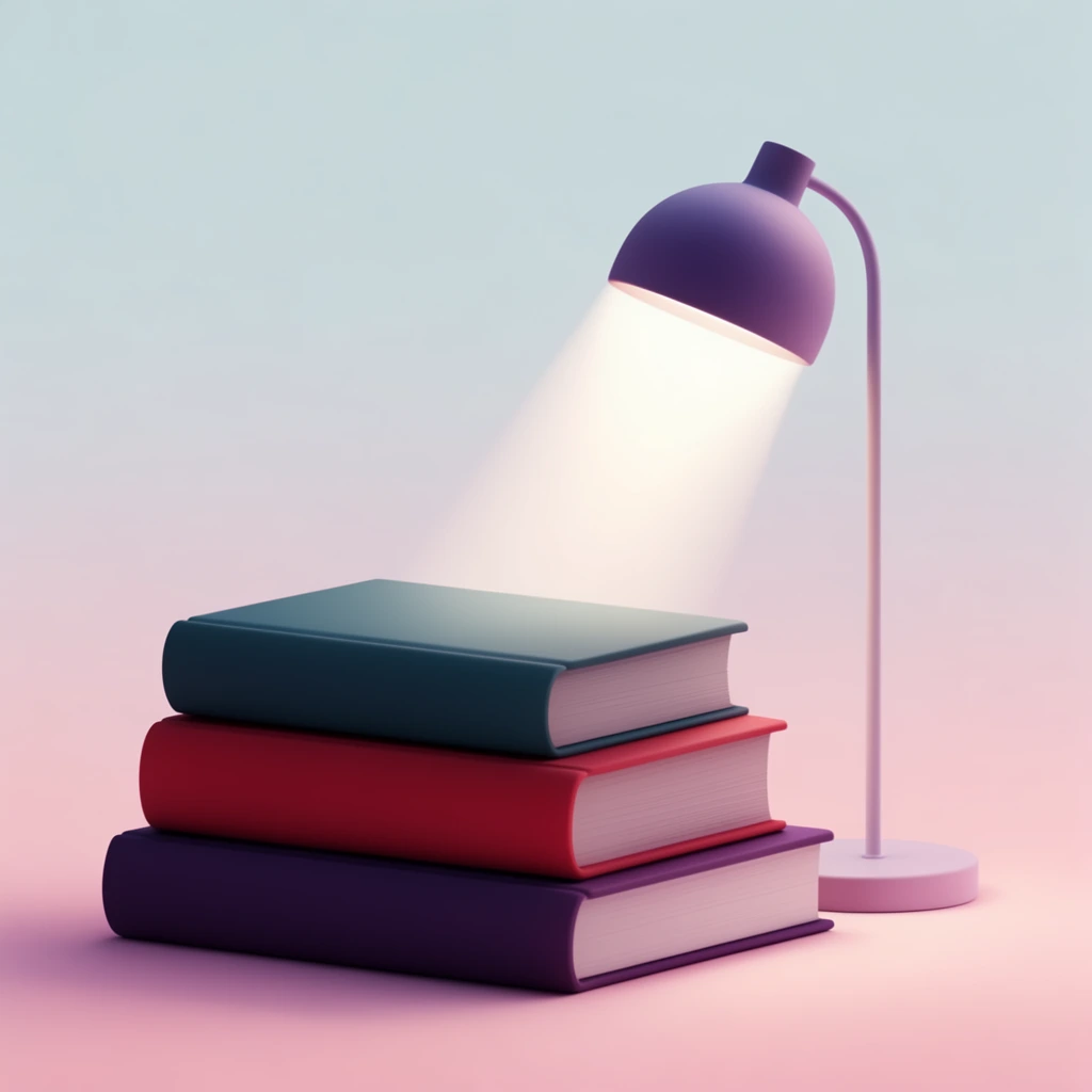 A clean 3D render of three stacked books and a minimalist desk lamp against a seamless pale blue to pastel pink gradient. The thick bottom book is dark purple, the middle is red, and the top is dark teal. A slender lamp with a purple dome shade stands to the right, casting a sharp, volumetric cone of light diagonally across the pristine book covers. The smooth composition highlights a soft, modern pastel aesthetic.