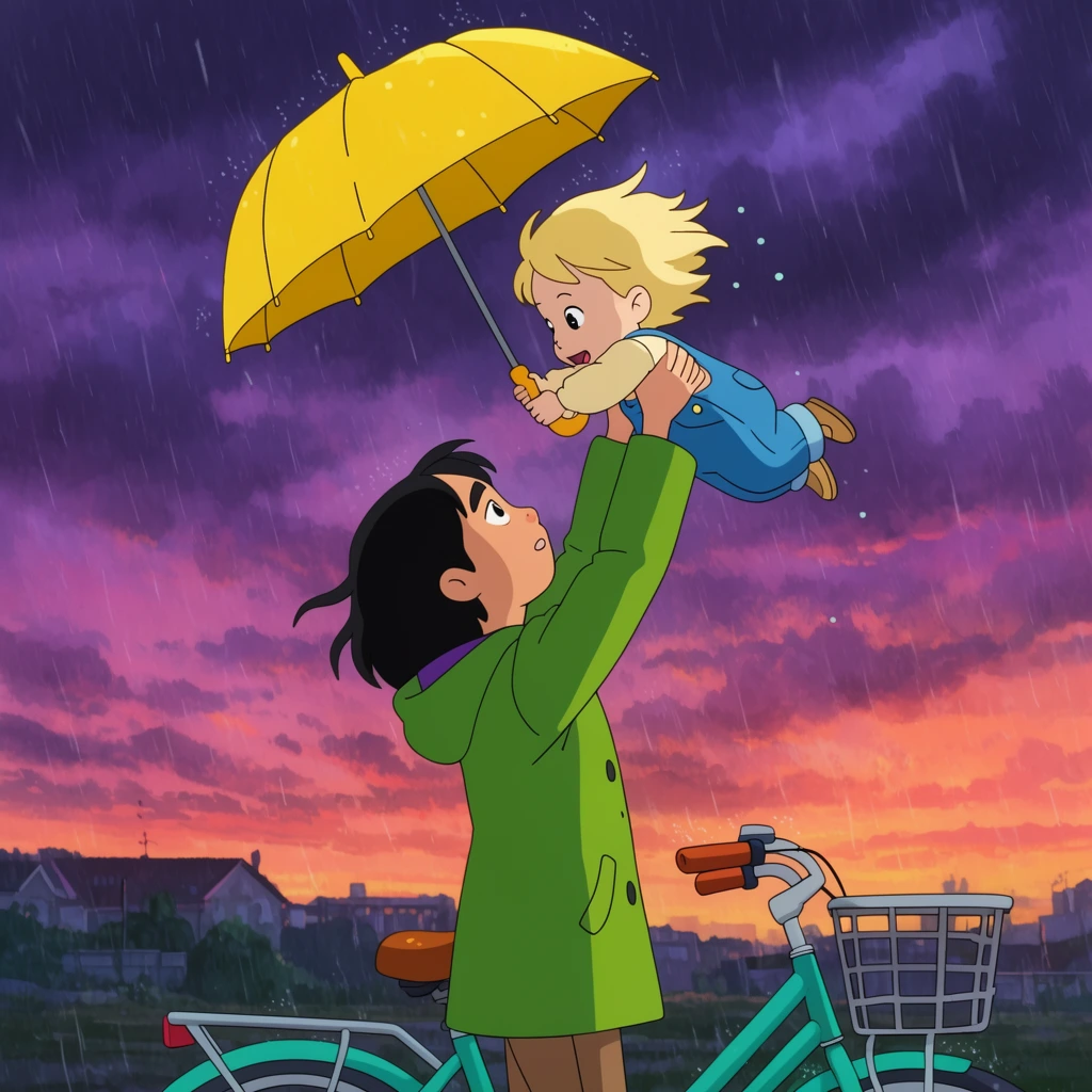 A teenager in a green coat hoists a blonde toddler in blue overalls high into the air during a heavy rainstorm. The windblown toddler clutches an inverted yellow umbrella near a teal bicycle, all set against a dramatic purple and orange twilight sky in a vibrant 2D animation style.