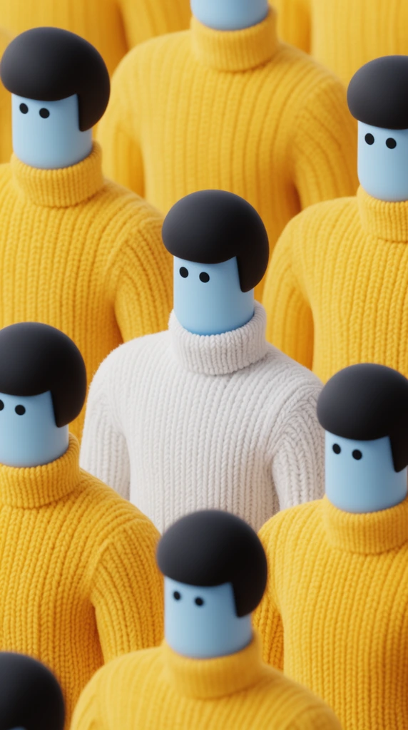 dense 3D-rendered stylized crowd, central figure in a white ribbed knit sweater, surrounding figures in bright yellow knit sweaters, pale blue cylindrical heads, minimalist dot eyes, simple black hair, tactile fabric textures, high angle, soft studio lighting