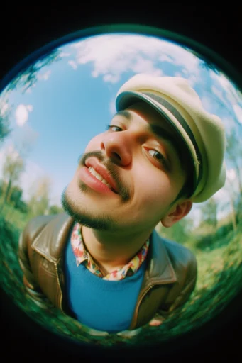 Sun-Drenched Fisheye Dreamscape style reference image — analog film aesthetic