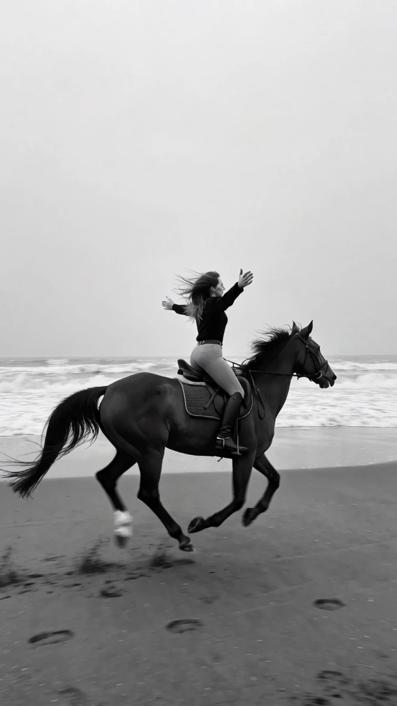 A woman rides a dark horse at a gallop along a sandy beach with her arms outstretched against a backdrop of ocean waves. Positioned atop the horse, the rider wears a dark long-sleeved shirt, light-colored tight-fitting riding pants, and dark knee-high boots. Her long hair is windswept, trailing behind her as she extends both arms outward and upward in an open gesture. The horse is a dark-colored animal, captured in mid-stride with its front legs lifted and its tail and mane flowing with the motion. A dark leather English saddle and bridle are fitted to the horse, which has a single white marking on its rear left hoof. The foreground consists of a wide, flat expanse of dark sand marked with faint hoof prints and motion blur. In the middle ground, white-capped waves roll towards the shore, leading into a pale, overcast, and featureless sky that fills the upper half of the frame. This black-and-white photograph is taken from a side-profile perspective, utilizing a wide composition to capture the horizontal movement of the subjects. The lighting is diffused and even, creating a high-contrast grayscale palette with soft shadows. Motion blur is visible on the horse's lower legs and the immediate ground, emphasizing the speed of the gallop.